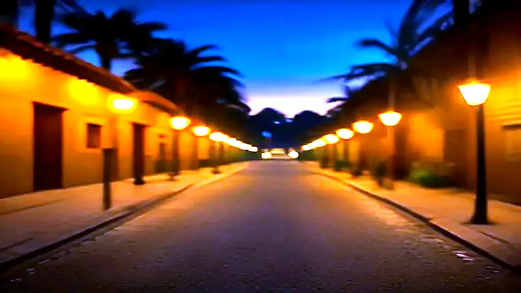 A palm-lined estate boulevard at dusk
